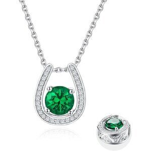 925 Sterling Silver Horseshoe Emerald Color CZ Necklace Rolo Chain 18in NWT